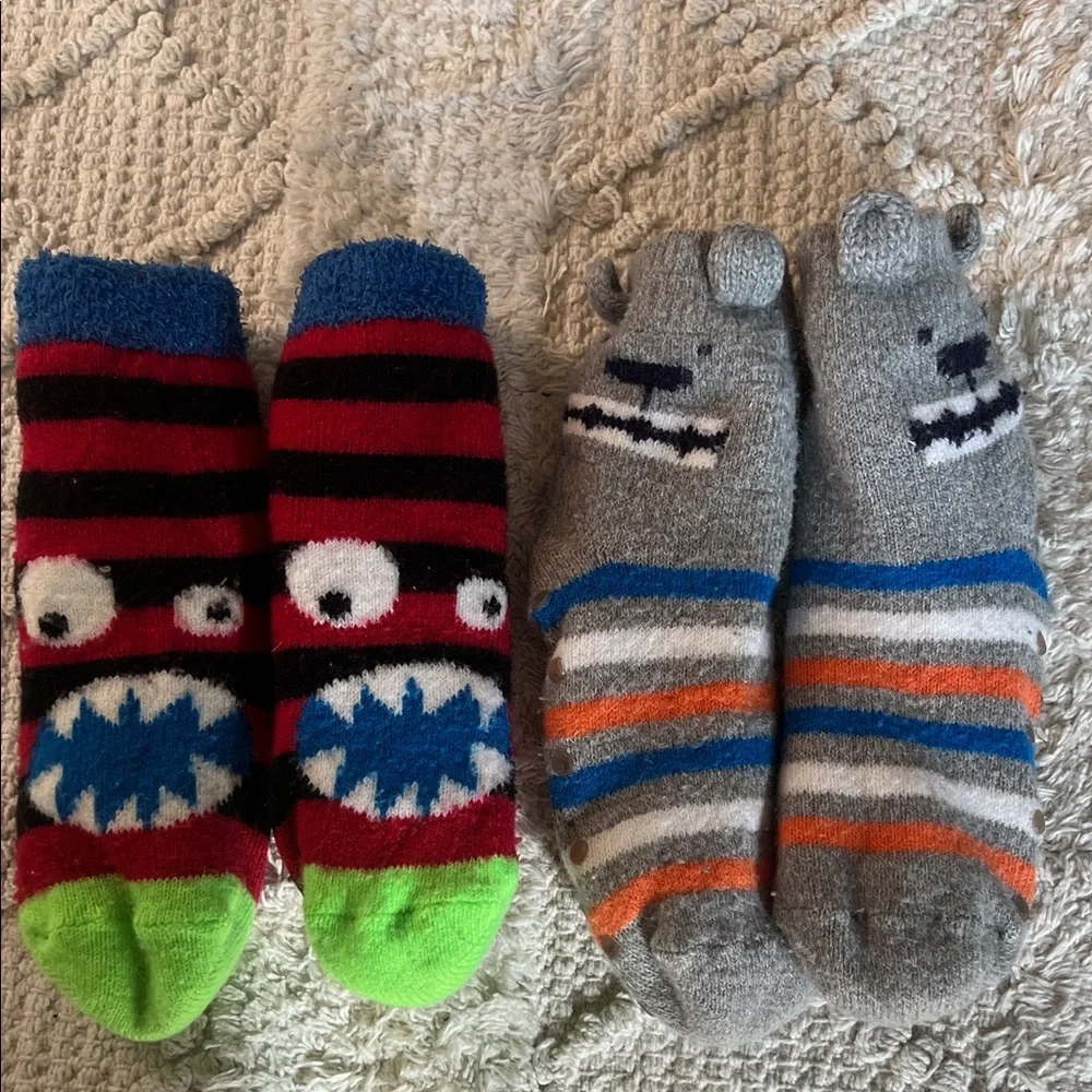 Boys Colorful Monster and Bear Thick Fleece Slipper Socks Set with Grips